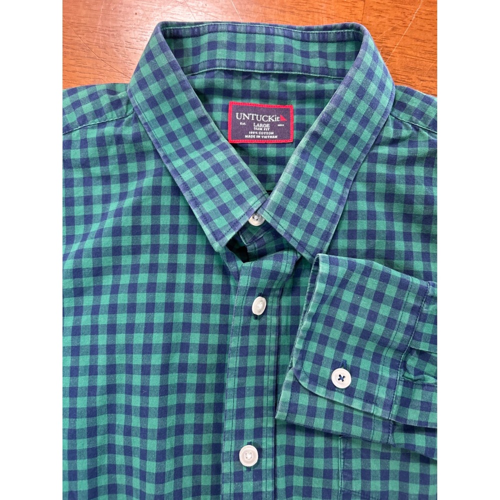 UNTUCKit Button Down Shirt Mens Large Green Gingham Plaid Slim Fit Long Sleeve